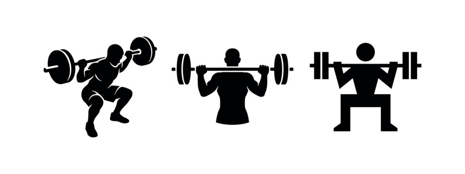 Barbell squat icons, men exercising with weights for strength.