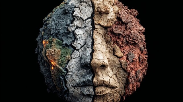 A cracked, decaying sphere resembling a human face with burning and arid textures serves as a dark background symbolizing environmental collapse.