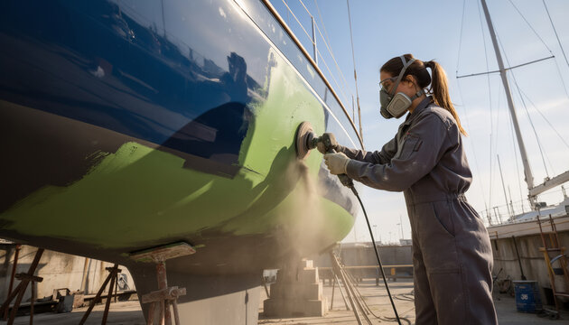 Professional female marine mechanic wearing a safety respirator carefully sanding the green hull of a large sailing yacht creating dust at a sunny outdoor drydock