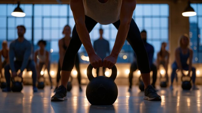 Group fitness class performing kettlebell deadlift exercise in a modern gym with dramatic evening lighting