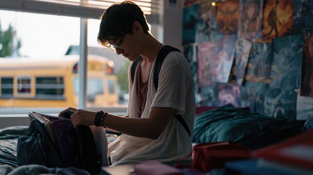 Teen boy organizing school folders and books in a backpack in his bedroom before the school day