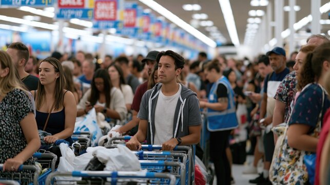 Crowded supermarket checkout line with shoppers pushing carts during major retail sale event
