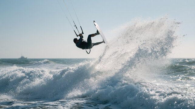 Kite surfer performing high jump above crashing ocean waves during extreme water sport session