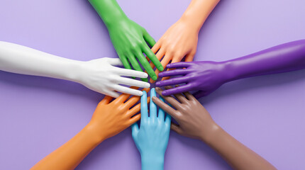 Fototapeta premium Top view of colorful mannequin hands arranged in a circle on a purple background, representing diversity, unity, teamwork, and collaboration