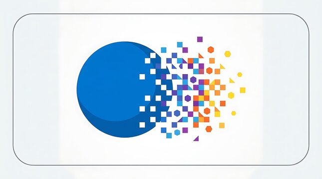 Blue sphere disintegrating into colorful geometric shapes