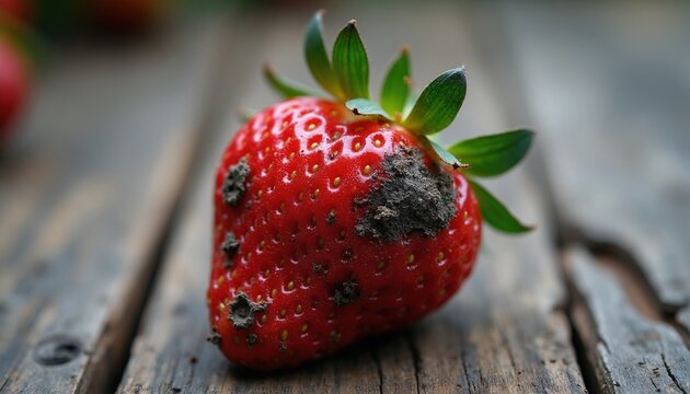 Red strawberry with dark fungal spots and dirt rests on weathered wood planks. Fruit shows signs of disease and decay, indicating a spoiled crop.