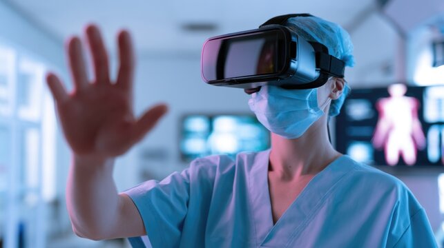 Female healthcare professional using virtual reality headset in medical environment for digital training and simulation