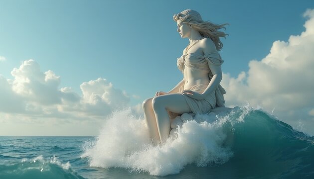 Sculpture of goddess Amphitrite sits on ocean wave. Female figure controls sea tides against blue sky clouds. Mythological art piece. Ancient Greek mythology themes.