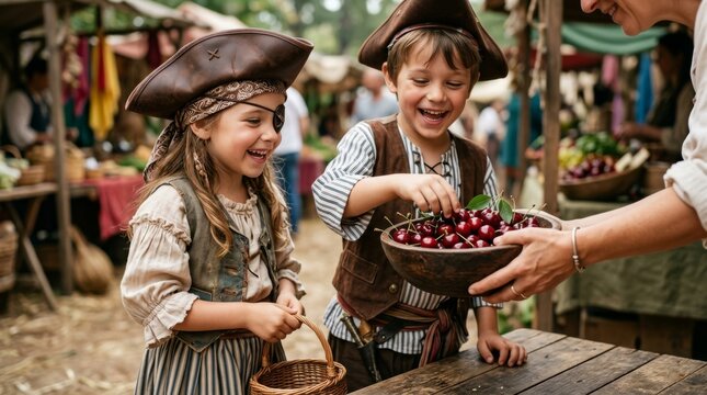 Two happy children dressed as pirates sharing freshly picked cherries outdoors
