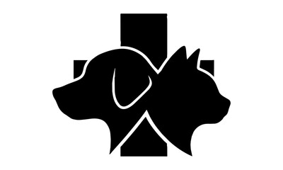 Fototapeta premium Minimalist veterinary graphic with dog and cat head silhouettes centered on a medical plus sign isolated on white background, pet healthcare concept