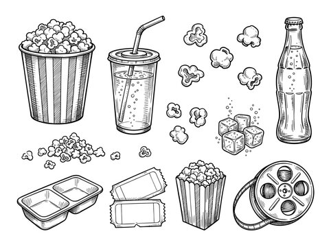 Movie theater snack set with popcorn bucket, soda, film reel and ticket, black ink doodle sketch vector isolated on white