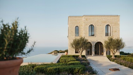 Obraz premium Mediterranean villa features classic stone architecture with a private infinity pool overlooking the calm blue ocean.