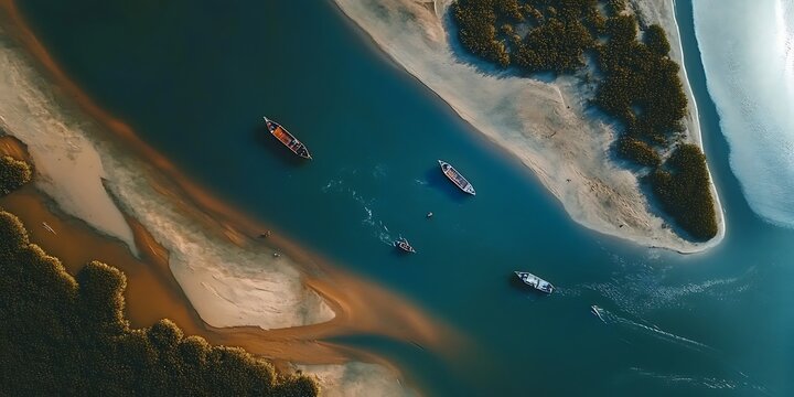 Boats sail along a river flanked by vegetation and sand, seen from high aerial viewpoint.