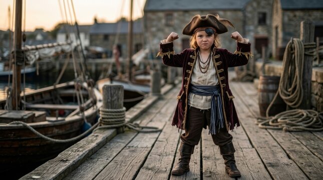 Happy young boy dressed as pirate flexing muscles on a wooden dock with barrels and a ship in the background
