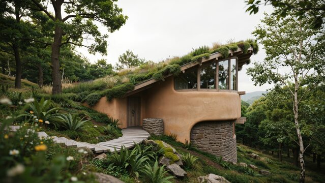 Eco-friendly cottage features a grass roof nestled within a dense forest and a natural stone pathway entrance area.