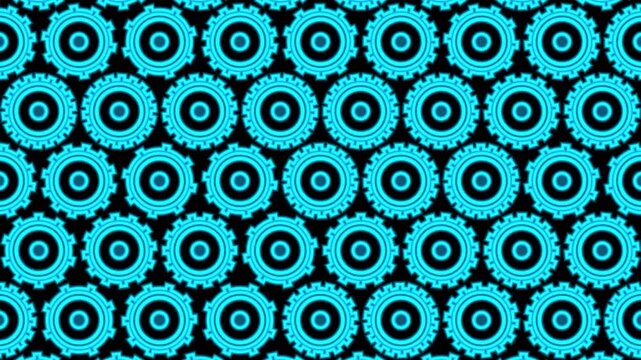 Abstract patterns in geometric shapes with spinning gears and bright blue colors