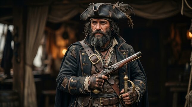 Close-up portrait of a weathered pirate on a ship at sea, dressed in historical attire and holding a flintlock pistol and sword, with a ship's flag and ocean in the background