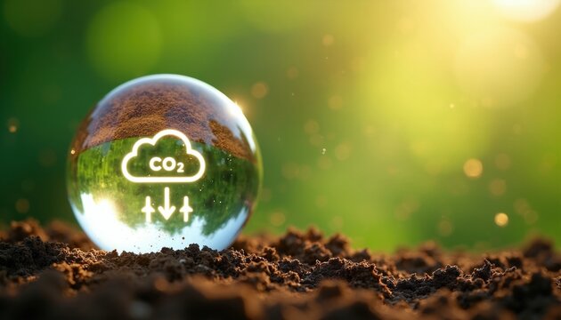 Transparent sphere with CO2 cloud icon on soil. Green bokeh background. Symbolizes eco friendly future carbon reduction technology for clean planet.