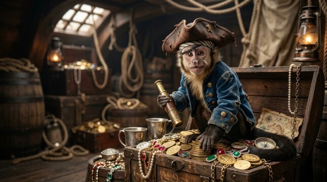 Pirate monkey in blue coat with spyglass sitting on a treasure chest filled with gold coins and jewels