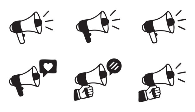 Megaphone line icon set isolated on transparent background with announcement speaker volume symbols.