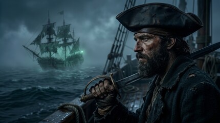 Fototapeta premium Pirate captain holding a sword on a ship deck amidst dense fog with a distant brig appearing in the background of the stormy sea