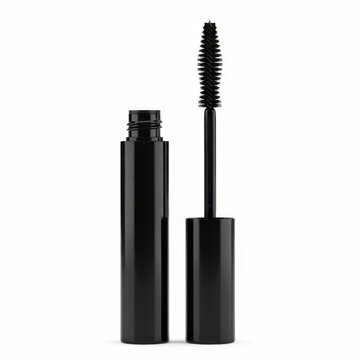 Black mascara tube with an open applicator wand for applying makeup to eyelashes for a beautiful and bold eye look