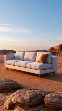 Modern White Sofa Standing in Rocky Desert Landscape at Sunset with Minimal Luxury Outdoor Design