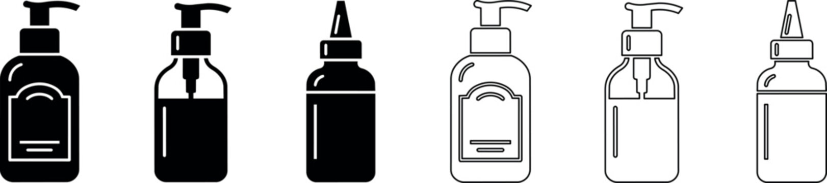 Hand pump dispenser bottle and squeeze bottle icons black and white
