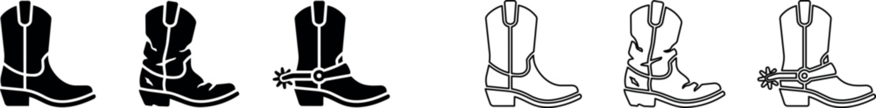Cowboy boots with and without spurs in solid and outline styles