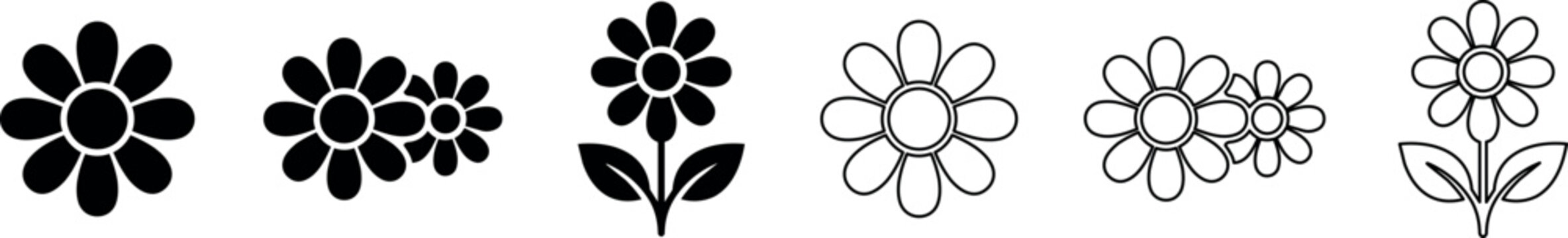Simple flower icons with solid and outline styles showing single and grouped blossoms