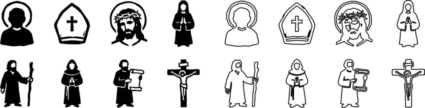 Christian religious figures and symbols icons including Jesus Christ, bishop hat, nun, monk, and crucifix
