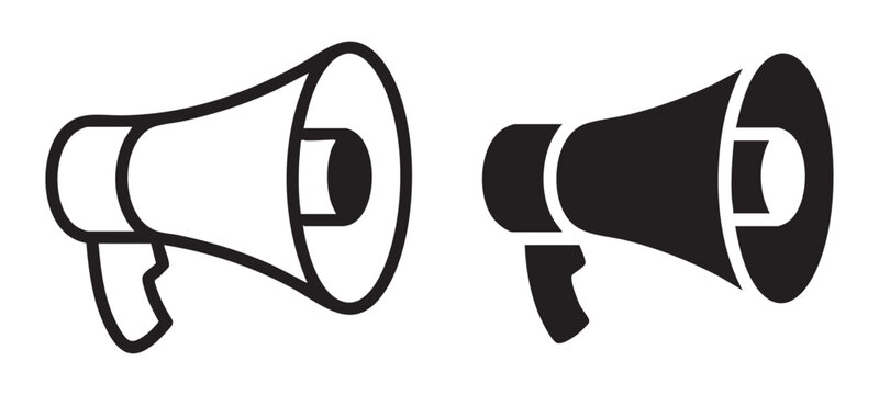 Megaphone line and solid icons for broadcasting messages and promoting news in digital platforms.