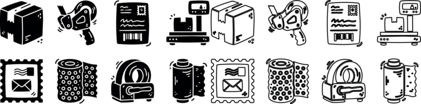 Shipping and mailing icons set with package, tape dispenser, shipping label, postage stamp, bubble wrap, and weighing scale