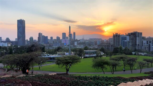 The Addis Ababa skyline captured during sunset from Friendship Park in Ethiopia