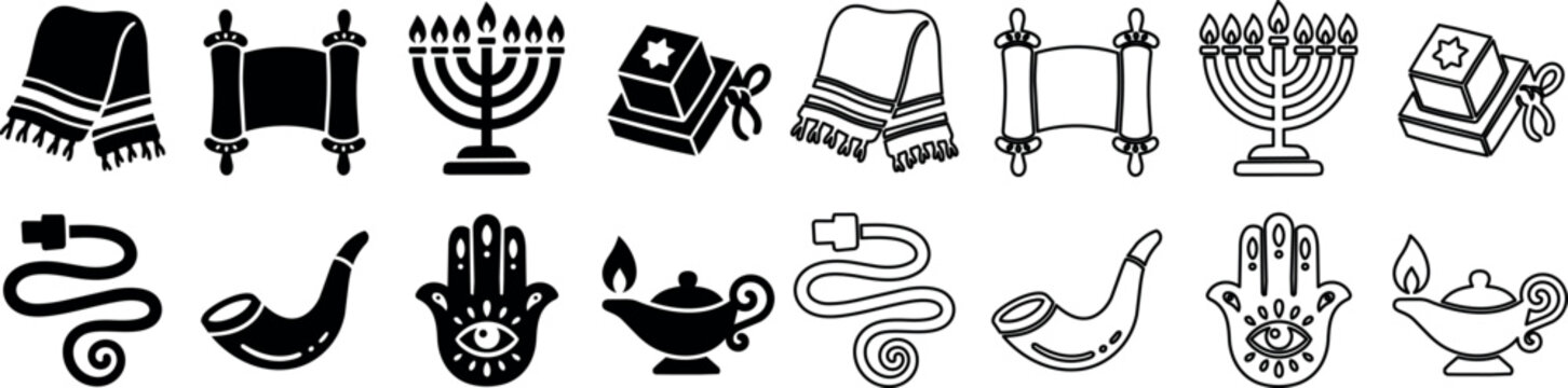Jewish religious symbols and ritual objects icons including Torah scroll, menorah, prayer shawl, and hamsa hand