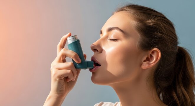 A young woman uses an asthma inhaler to ease breathing, coping with bronchial disease and difficulty breathing. Against a colored background.