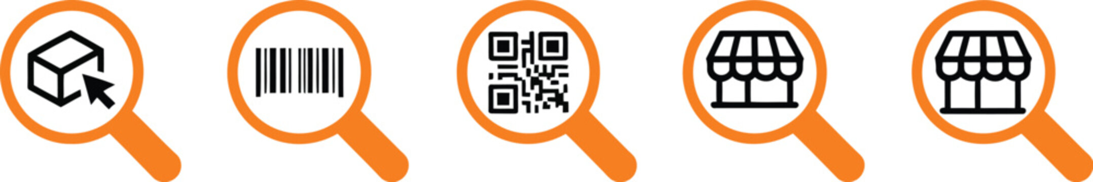 Shopping icons illustration set, generic product search barcode scanner QR code and retail technology graphics.