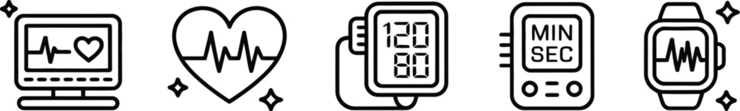 Medical monitoring icons illustration set, generic ECG monitor pulse heartbeat and blood pressure symbols for healthcare.