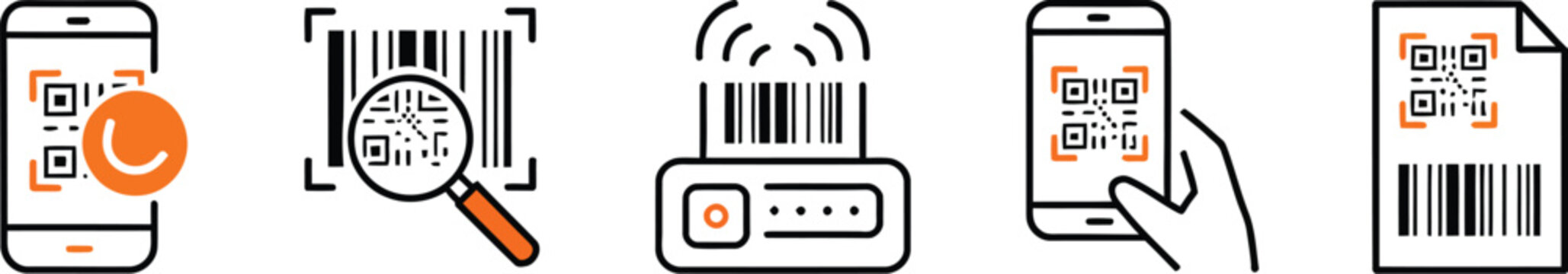 QR code and barcode icons illustration set, generic QR code barcode scanner and mobile scanning interface graphics.