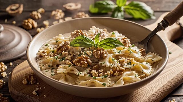 Farfalle pasta with walnuts and basil in ceramic bowl.
