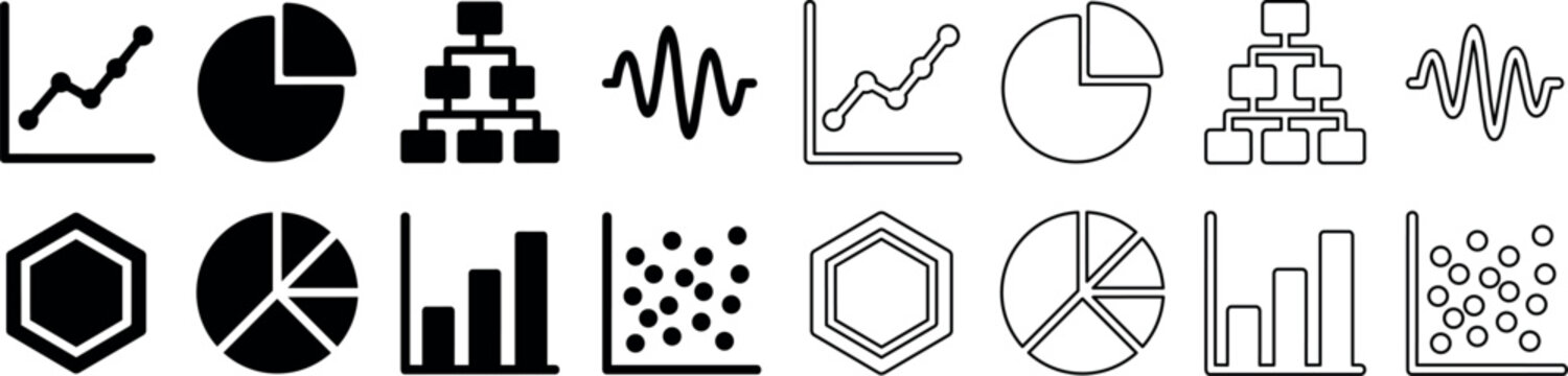 Set of data visualization icons including line chart, pie chart, hierarchy, waveform, hexagon, bar chart, and scatter plot