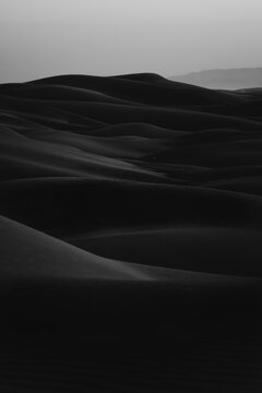 Vertical black and white shot of erg desert