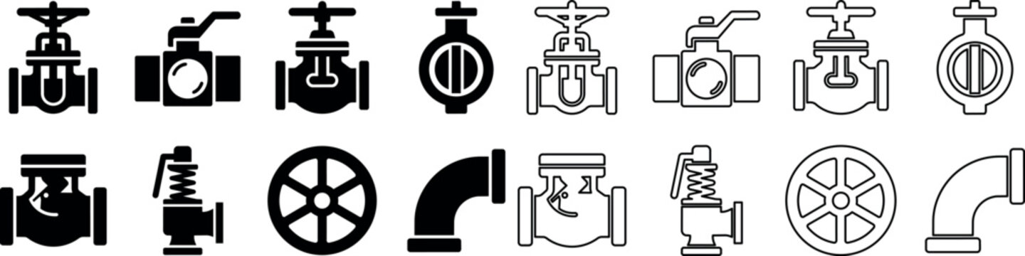 Set of plumbing valve and pipe icons with various valve handles and pipe elbows
