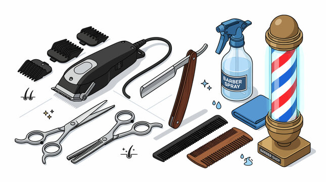 Isometric vector illustration of professional barber tools and equipment including clippers scissors straight razor and barber pole.