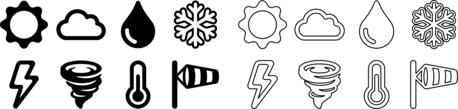 Weather condition icons including sun, cloud, raindrop, snowflake, lightning, tornado, thermometer, and wind sock