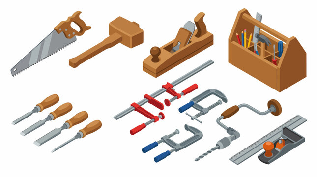 Isometric vector illustration of woodworking hand tools set including saw mallet plane chisels clamps and toolbox.