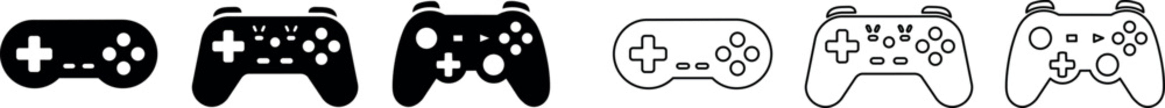 Six video game controllers in silhouette and outline styles