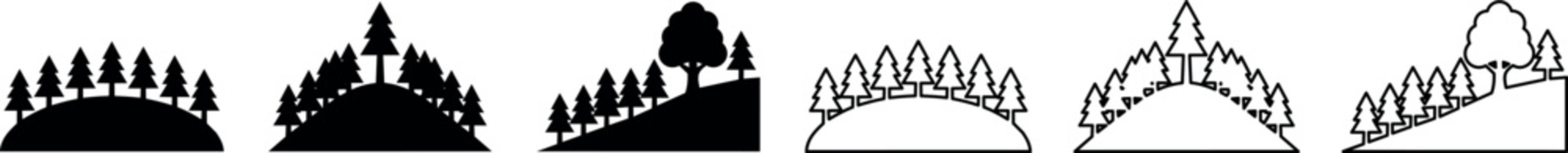 Silhouettes and outlines of a hill with pine trees and a single tree on a slope