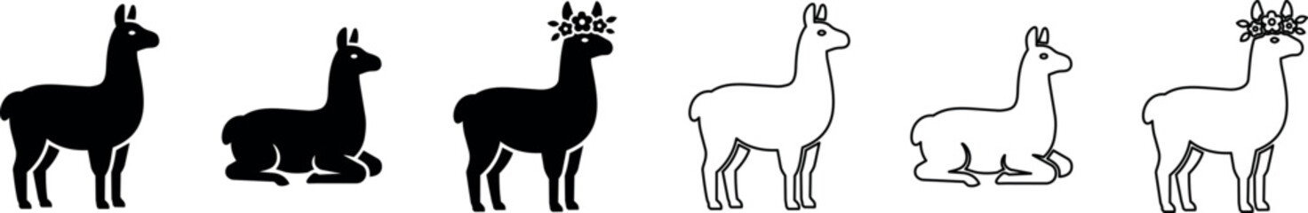 Obraz premium Llama silhouette and outline icons with standing, lying positions and floral crown