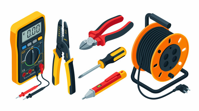 Professional electrical tools set with digital multimeter wire stripper diagonal pliers screwdriver voltage tester pen and extension cord reel.